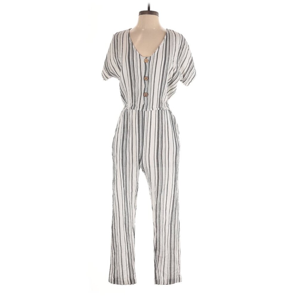 Jens Pirate Booty X Free People Ivory & Charcoal Striped Casual Boho Jumpsuit - Picture 3 of 14